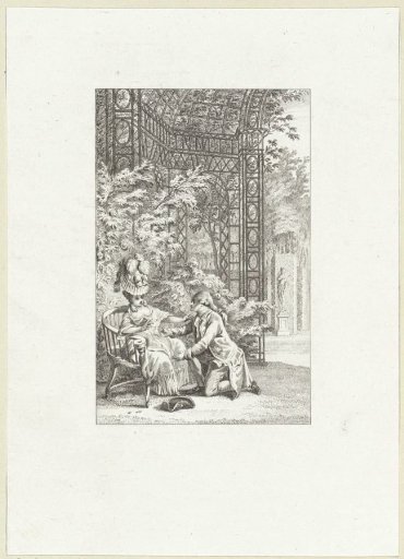 Under a pergola, a man kneels before a woman
