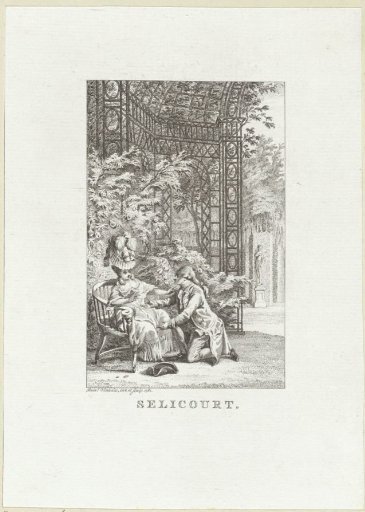 Under a pergola, a man kneels before a woman