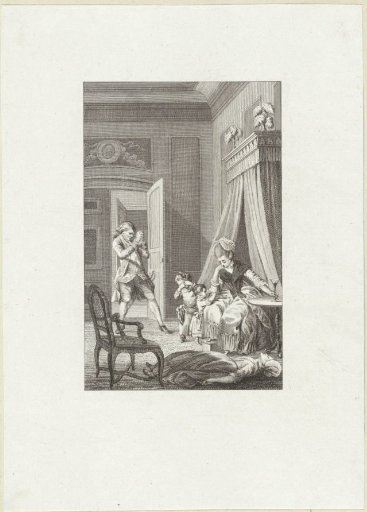 Woman, man and two children with an unconscious woman in a bedroom