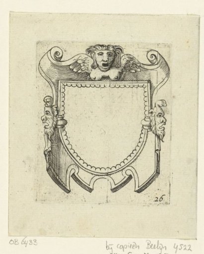 Semi-circular field in a scrollwork cartouche with masks