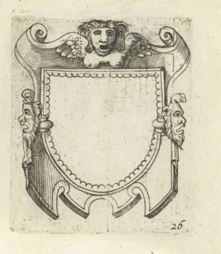 Semi-circular field in a scrollwork cartouche with masks