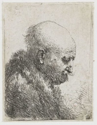 Bald headed man in profile right: small bust, the artist's father (?)