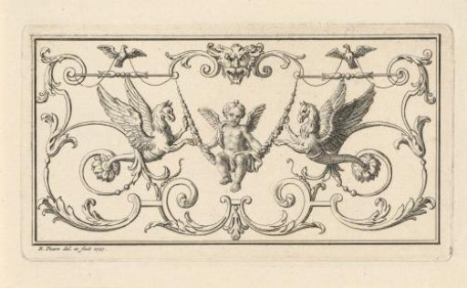 Ornament with a swinging putto among hybrid animals