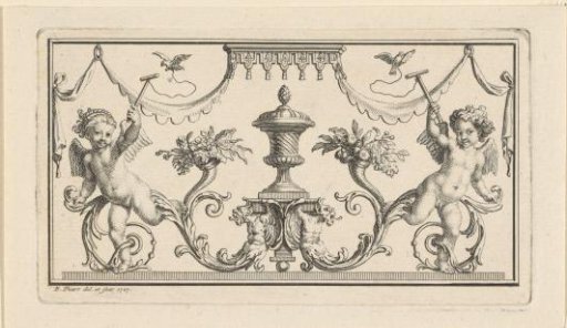 Ornament with a garden vase and putti with birds