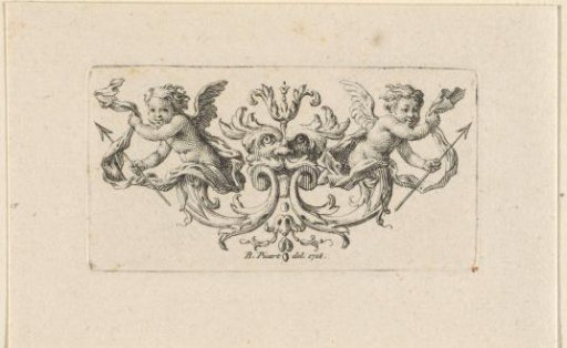 Ornament with a mask and putti with arrows