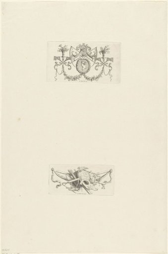 Ornament with scythes and bust / Vignette with doves on a globe