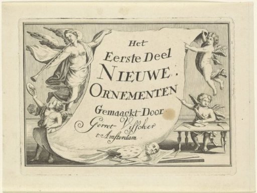 Fame and various putti display a sheet with a title