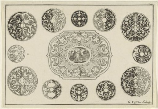 Ornament with a satyr and a naked woman and various round ornaments