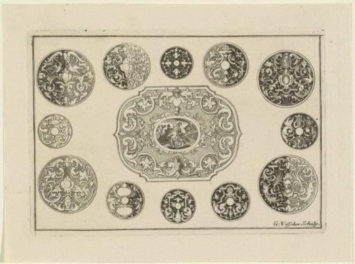 Ornament with a satyr and a naked woman and various round ornaments