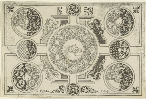 Ornament with Pyramus and Thisbe and various round ornaments
