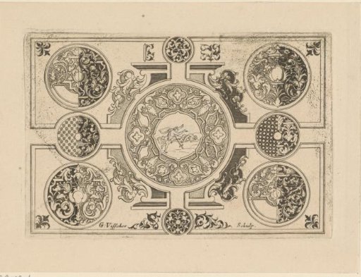 Ornament with Pyramus and Thisbe and various round ornaments