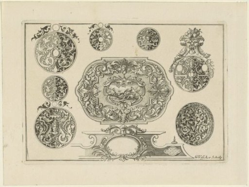 Ornament with Venus trying to prevent Adonis from hunting and various round ornaments