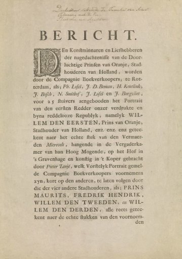 Notice regarding the publication of six portraits of stadtholders and princes