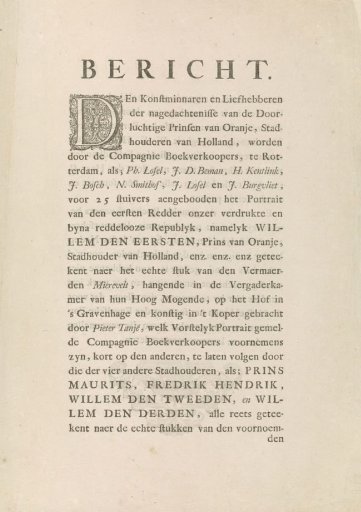 Notice regarding the publication of six portraits of stadtholders and princes