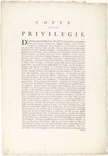 Text plate with a copy of the privilege for drawing and publishing a print series after paintings by Gerard de Lairesse