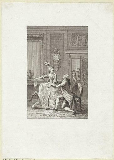 Lady Rejecting a Gentleman While Figures at the Doorway Listen In