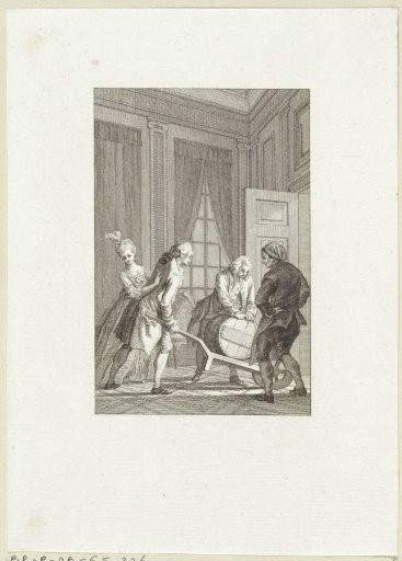 In a Room, a Man Stands with a Wheelbarrow Bearing a Barrel