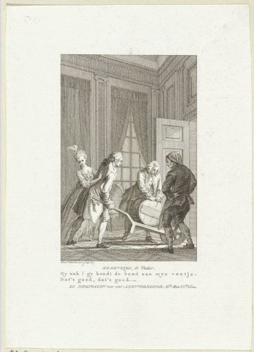 In a Room, a Man Stands with a Wheelbarrow Bearing a Barrel
