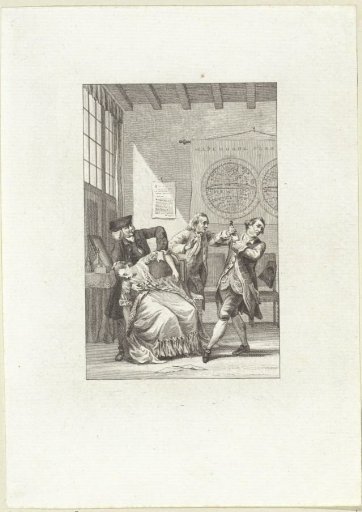 Man with a dagger and a fainting woman in a room