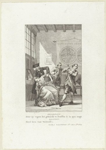 Man with a dagger and a fainting woman in a room