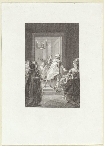 Gentleman with a candle opens a door where several women are standing