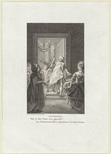 Gentleman with a candle opens a door where several women are standing