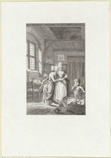 In a modest interior, a woman whispers something into another woman's ear