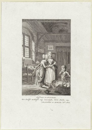 In a modest interior, a woman whispers something into another woman's ear