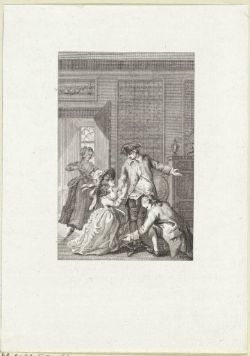Man and woman kneel at the feet of a gentleman