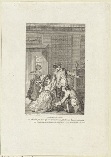 Man and woman kneel at the feet of a gentleman