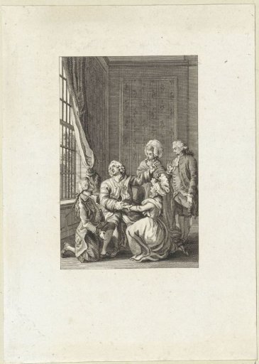 A young man and a young woman kneel at the feet of a gentleman
