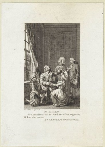 A young man and a young woman kneel at the feet of a gentleman