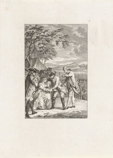 A weeping woman in a military camp