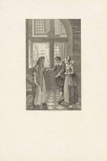 Woman shows a man a portrait, possibly of Antonia Manichetti