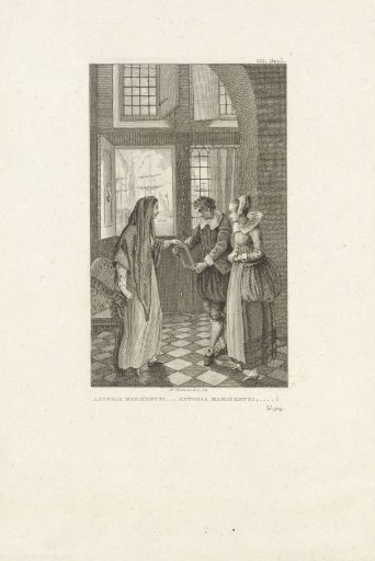 Woman shows a man a portrait, possibly of Antonia Manichetti