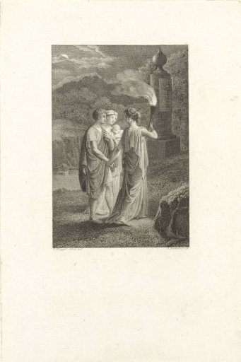 Night view with three figures and a baby in a landscape