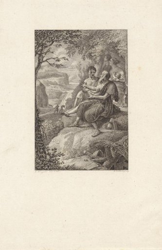 Mountain landscape with two men conversing