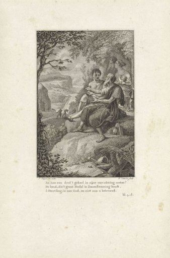 Mountain landscape with two men conversing