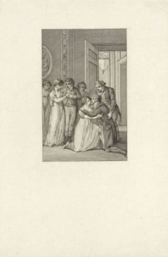 Kissing couple kneeling amidst a group of people