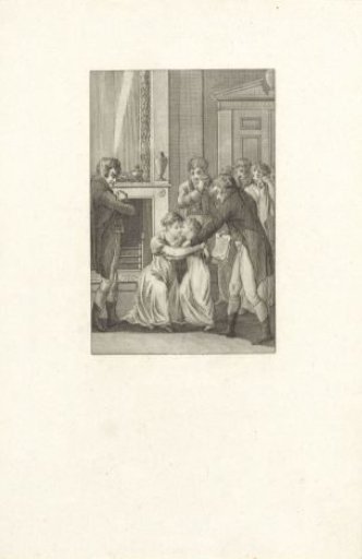 Young woman embraces a girl amidst a group of people