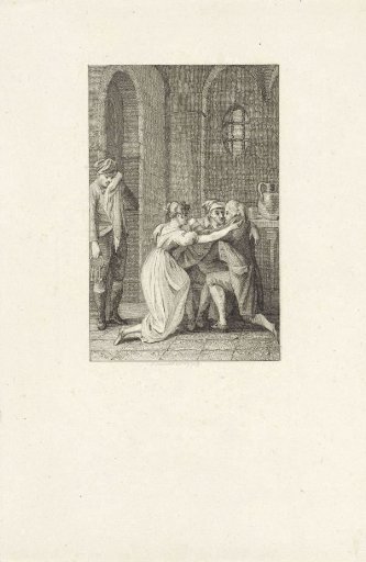 Two men and a woman embrace each other in a dungeon