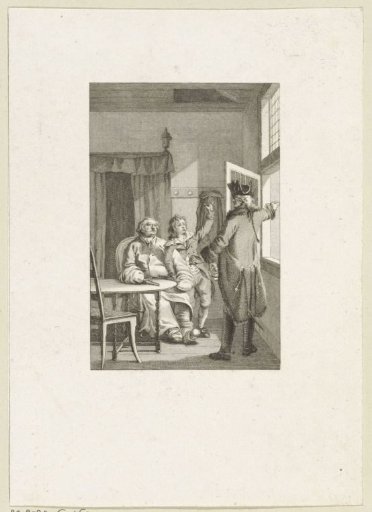 Room with two persons and an officer pointing out of the window