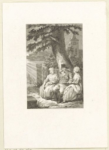 Karel van Spartau sits between two ladies under a tree