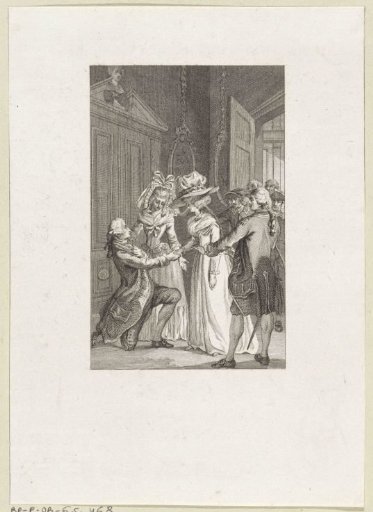 Man kneels before a lady, named Sophie