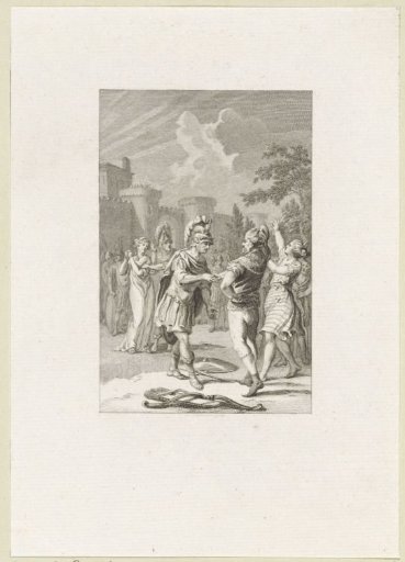 Two commanders shaking hands before a city gate