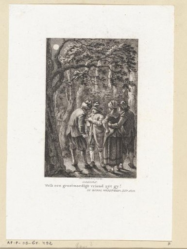 Night view with figures carrying a money bag