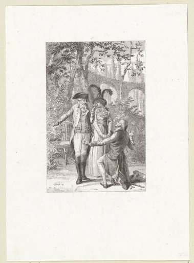 In a park, a man kneels before a couple