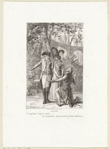 In a park, a man kneels before a couple