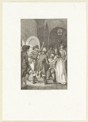 Kneeling man with a woman amidst soldiers