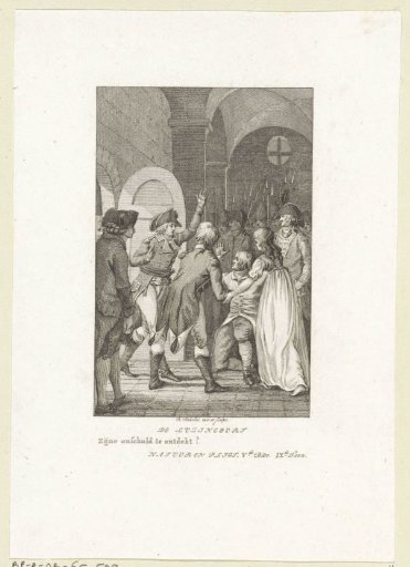 Kneeling man with a woman amidst soldiers